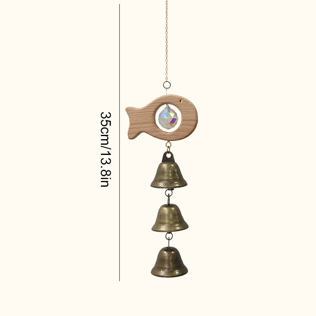 Rustic Wooden Sun Catcher Wind Chime with Crystal Prism & Vintage Bells