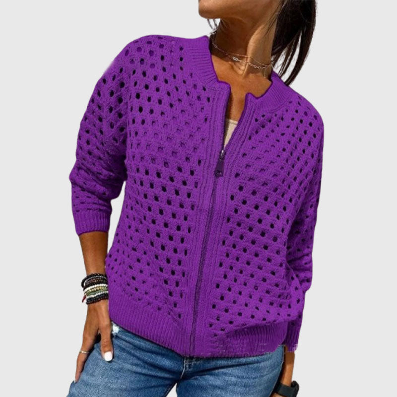 Women's Casual Zipper Knit Jacket with Hollow Design