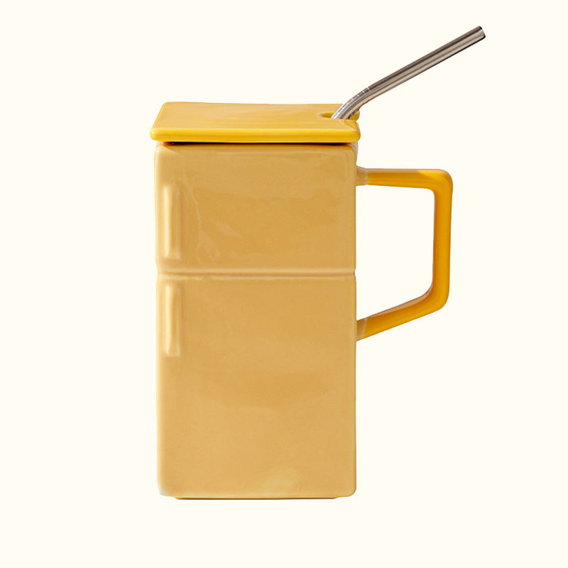 Creative Retro Refrigerator Ceramic Mug with Lid and Straw - Funny Office Couple Gift Coffee Mug