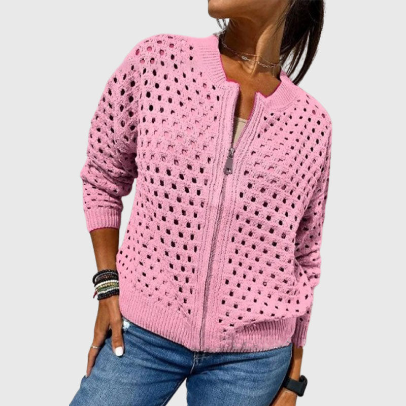 Women's Casual Zipper Knit Jacket with Hollow Design