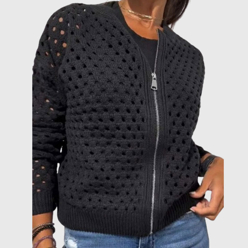 Women's Casual Zipper Knit Jacket with Hollow Design
