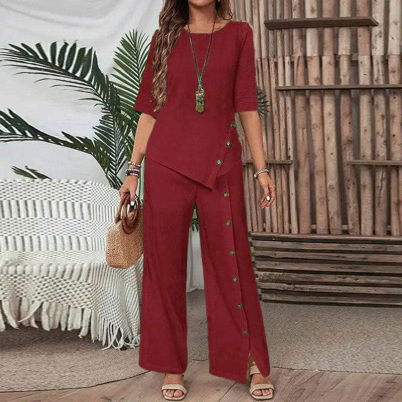 🌸Women's two-piece set consisting of a top with an asymmetric hem and wide-leg pants