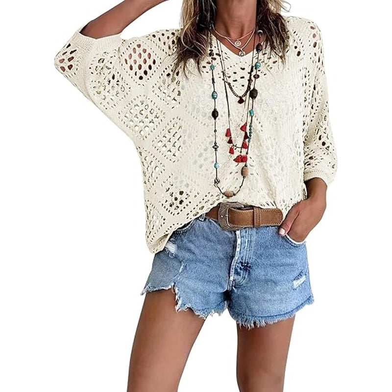 ๐ฟ V-neck shirt with open-knit hem
