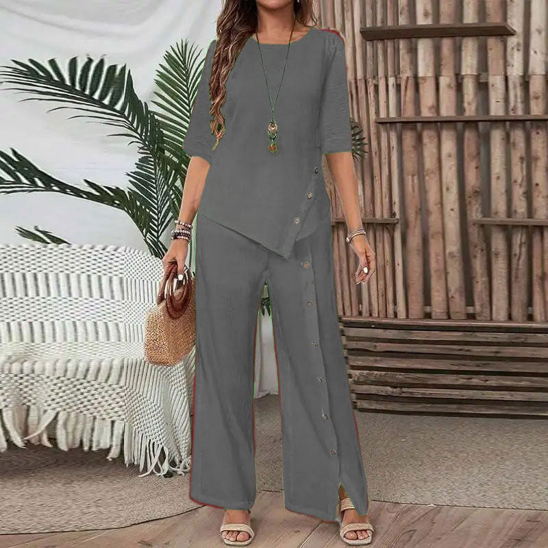 🌸Women's two-piece set consisting of a top with an asymmetric hem and wide-leg pants