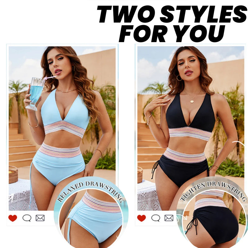High-waisted tummy control bikini set in color-blocked colors