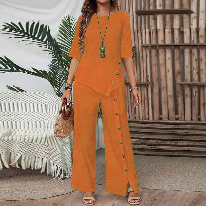 🌸Women's two-piece set consisting of a top with an asymmetric hem and wide-leg pants