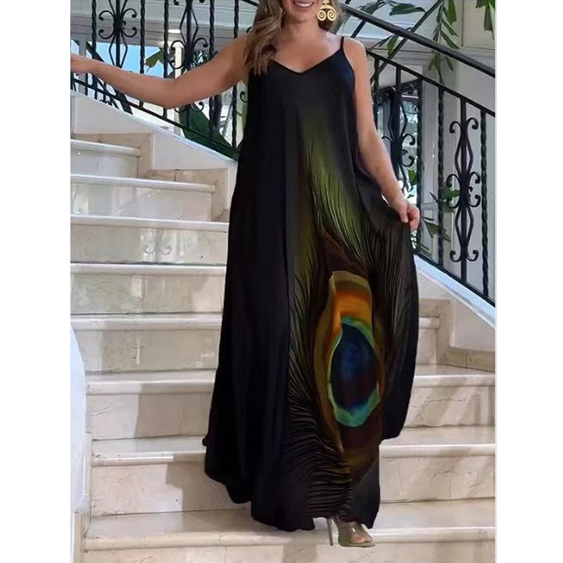 Loose-fitting Maxi Dress With Spaghetti Straps And Floral Print