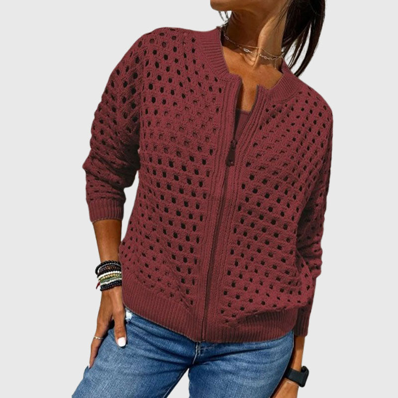 Women's Casual Zipper Knit Jacket with Hollow Design