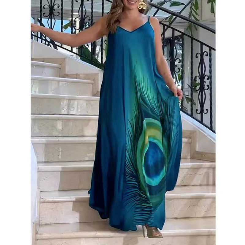 Loose-fitting Maxi Dress With Spaghetti Straps And Floral Print