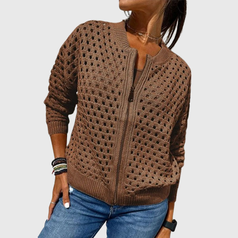 Women's Casual Zipper Knit Jacket with Hollow Design