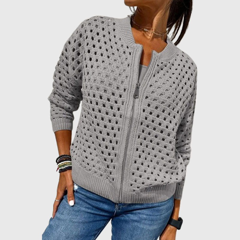 Women's Casual Zipper Knit Jacket with Hollow Design