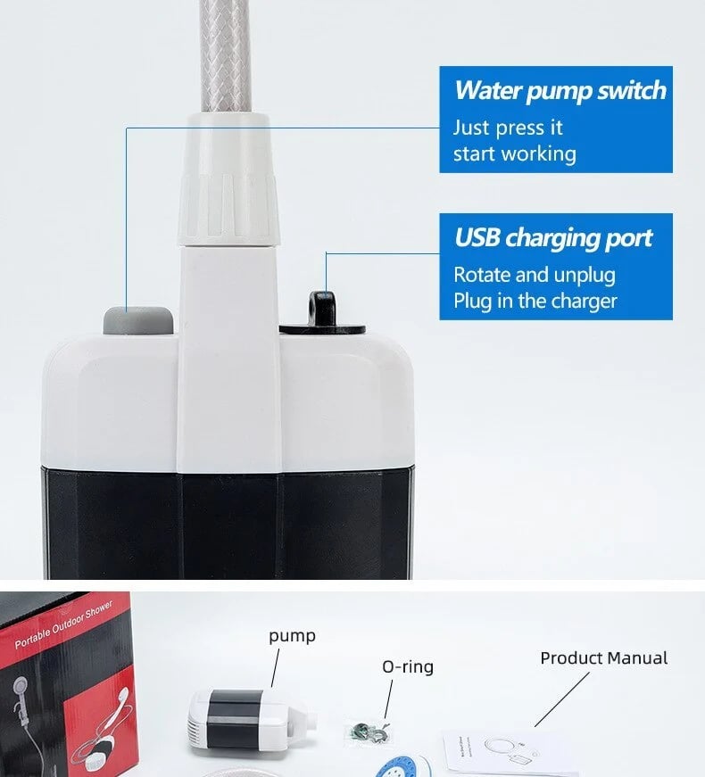 🚿 Stay fresh outdoors - Portable camping shower with adjustable flow - For easy and convenient outdoor cleaning!