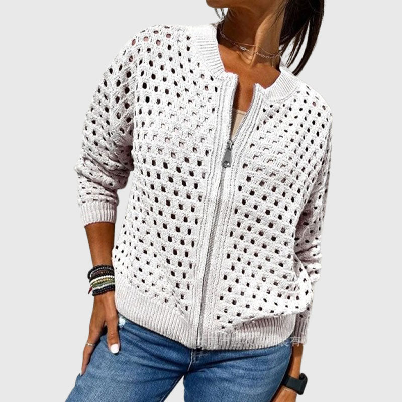 Women's Casual Zipper Knit Jacket with Hollow Design