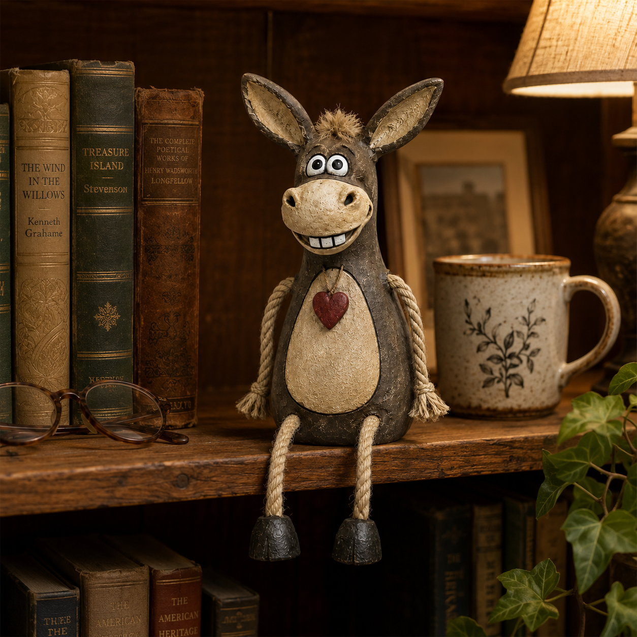 Rustic figurine of a donkey on a plank with rope legs hanging down