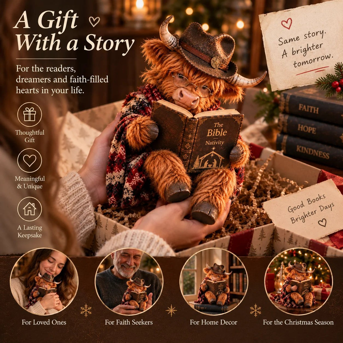 ⏳ Last Day 49% OFF – 🐮 Highland Cow Christmas Reader Figurine – Faith-Inspired Book Lover Gift