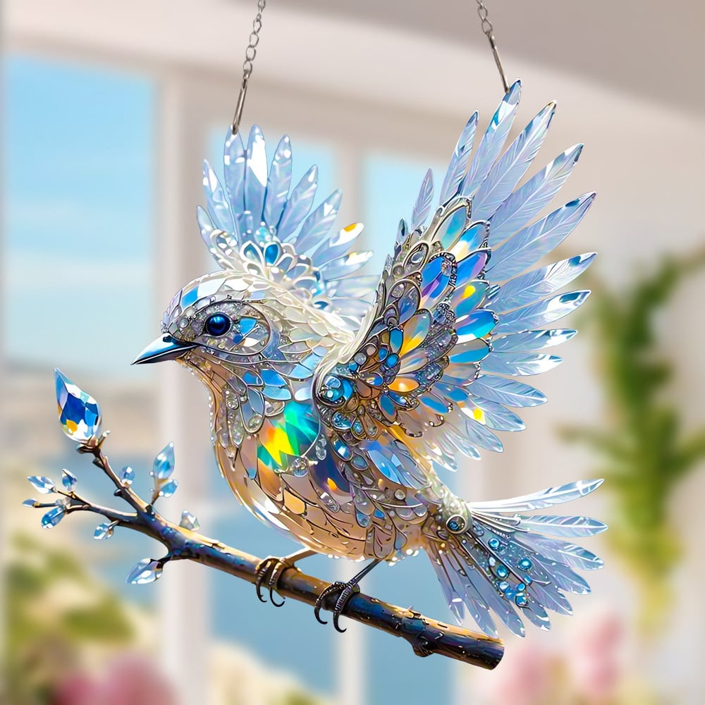 Crystal blue bird in the sky - stained glass pendant
