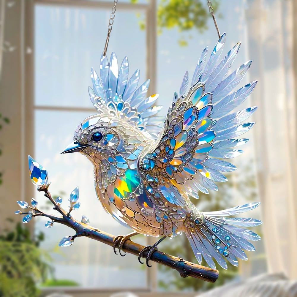 Crystal blue bird in the sky - stained glass pendant