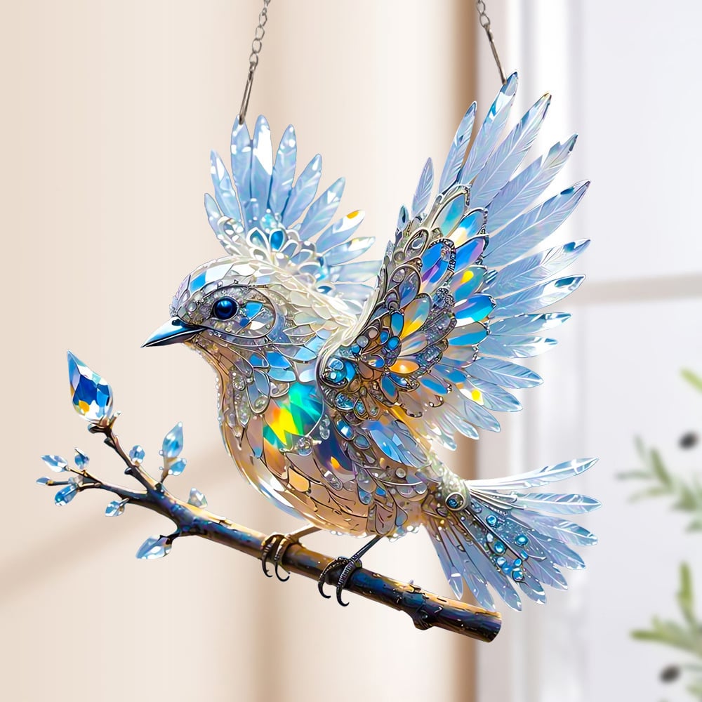 Crystal blue bird in the sky - stained glass pendant
