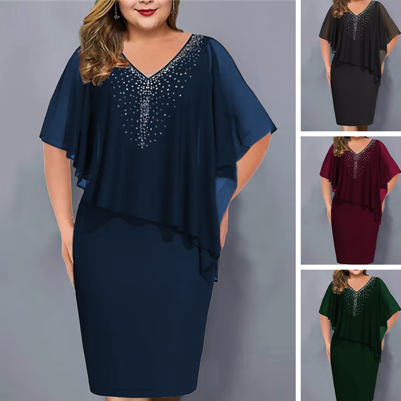 ✨V-Neck Chiffon Shawl Rhinestone Dress