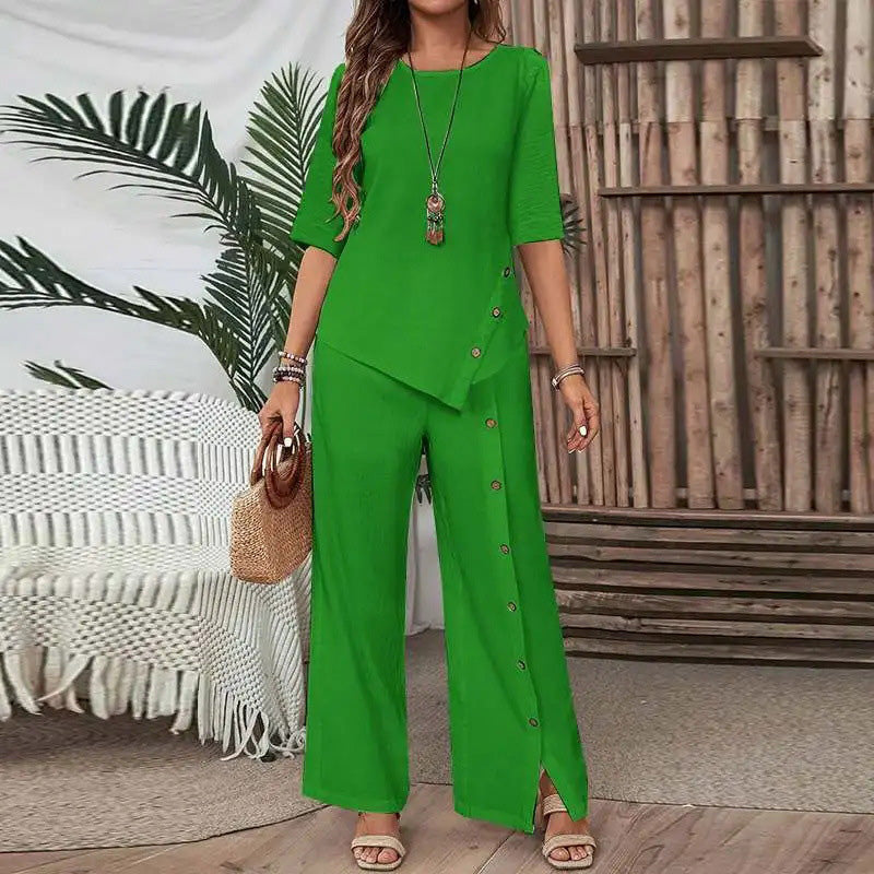 🌸Women's two-piece set consisting of a top with an asymmetric hem and wide-leg pants