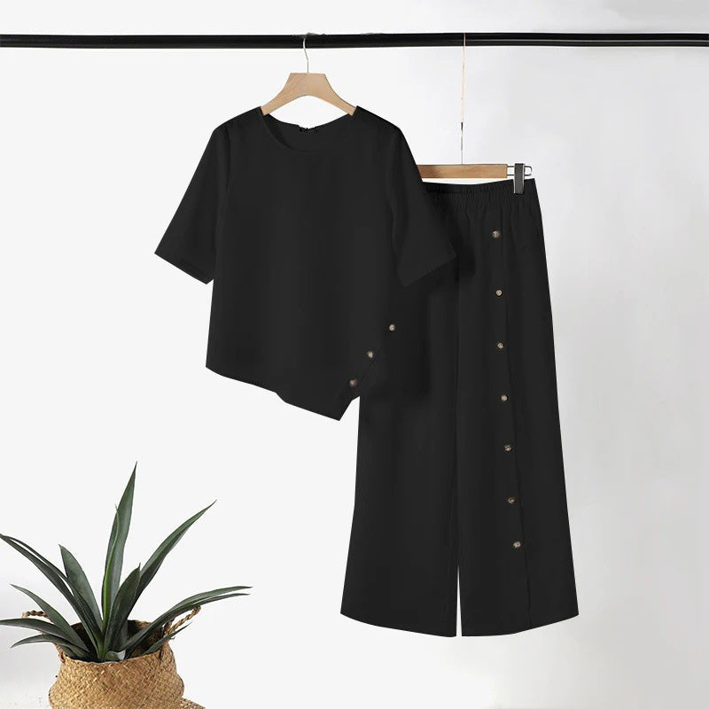 🌸Women's two-piece set consisting of a top with an asymmetric hem and wide-leg pants
