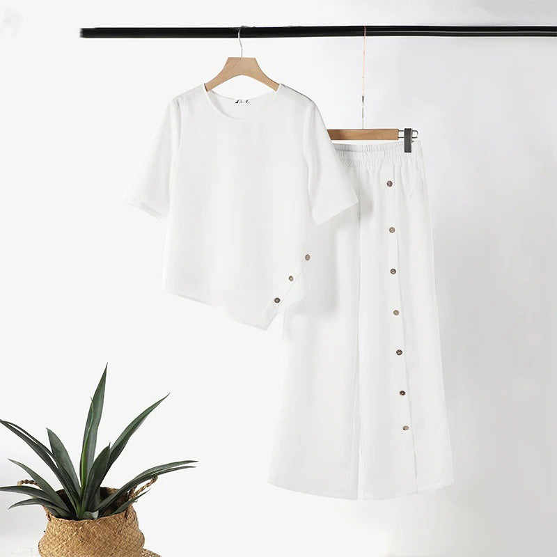 🌸Women's two-piece set consisting of a top with an asymmetric hem and wide-leg pants