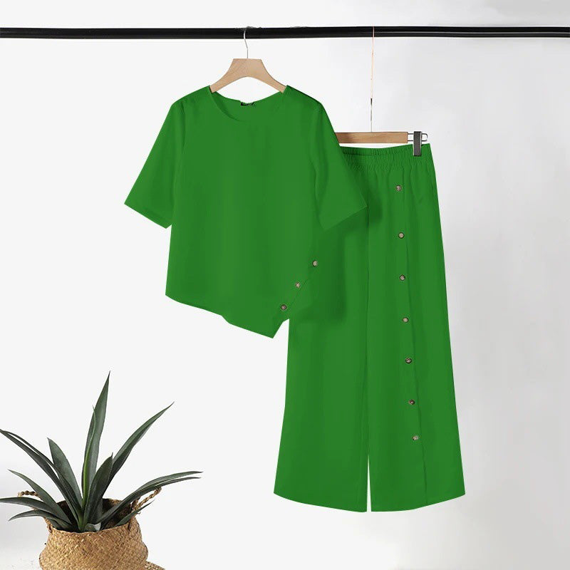 🌸Women's two-piece set consisting of a top with an asymmetric hem and wide-leg pants