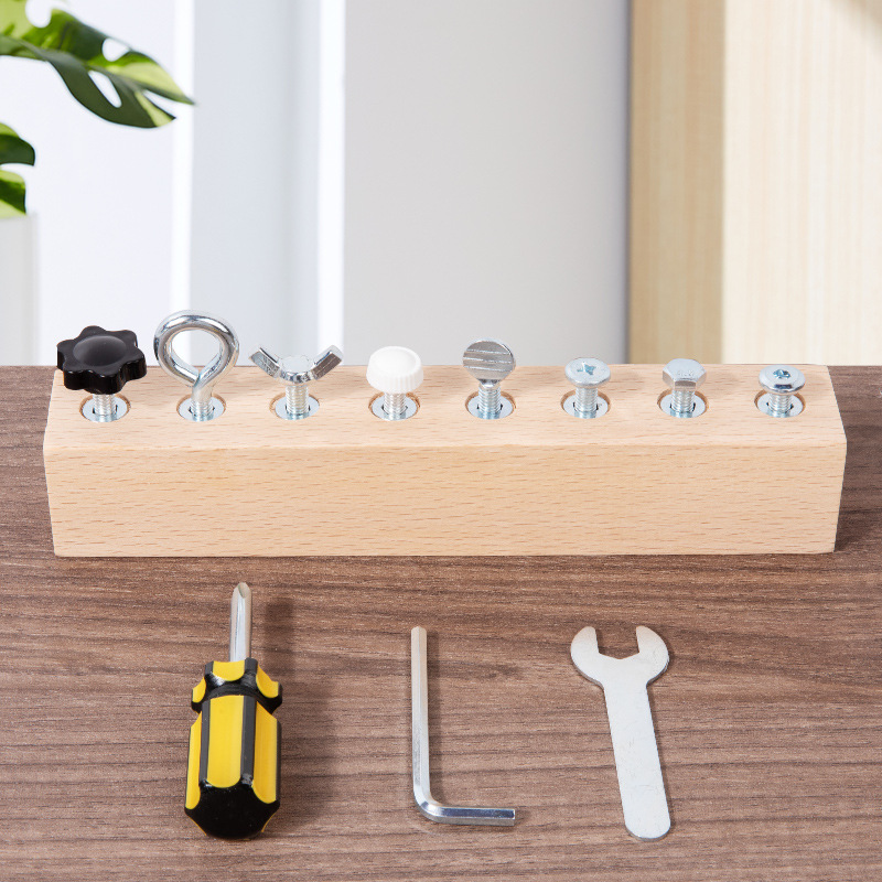 Montessori wooden toy with screw board