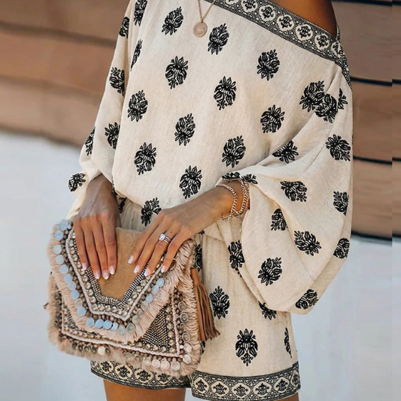 🏖️ LIMITED-TIME 50% OFF! ✨ Bohemian Off-Shoulder Jumpsuit Set – Vintage Print, Vacation, Relaxed ✨