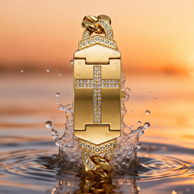 Waterproof gold wristwatch with a cross-shaped clasp design