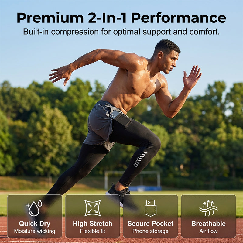 Men's 2-in-1 Running Tights with Shorts – Compression, Quick-Dry ✨