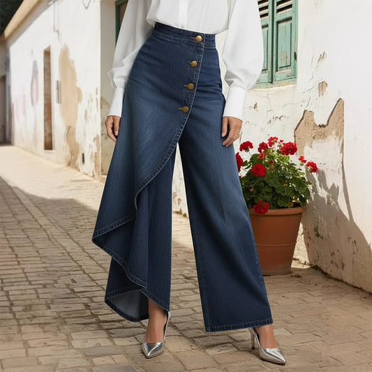 Asymmetrical wrap-style denim skirts and pants