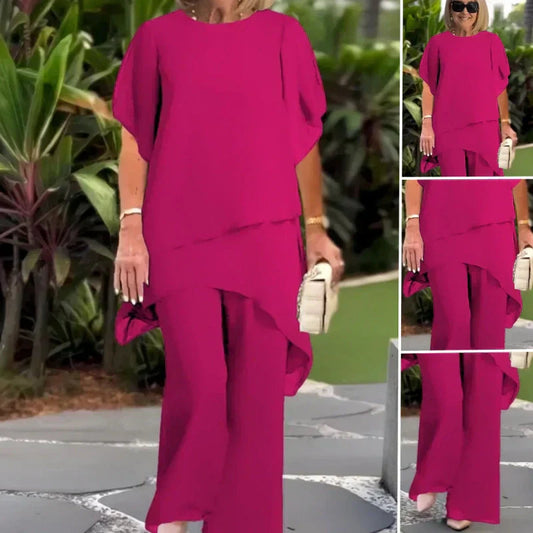 Charming Irregular Top & Wide Leg Pants Set – Asymmetrical Hem, Flowy Double Layer & All-Day Elegance 👗✨