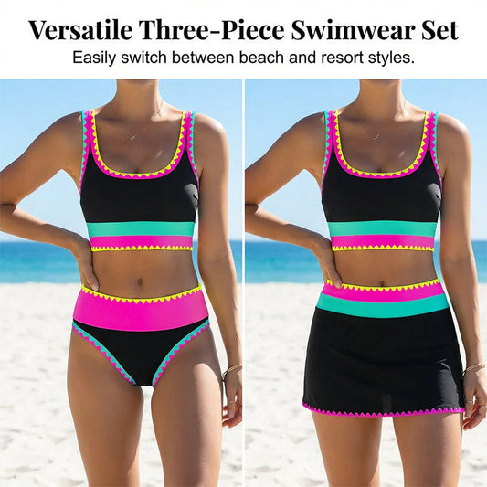 👙🌊 3-piece women's bikini set – High waist, color block & zigzag design for beach & vacation