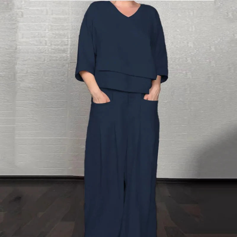 💎 2-Piece Cotton-Linen Set with Irregular Hem – V-Neck Top + Wide-Leg Pants: Breathable & Effortlessly Stylish 🍂👚