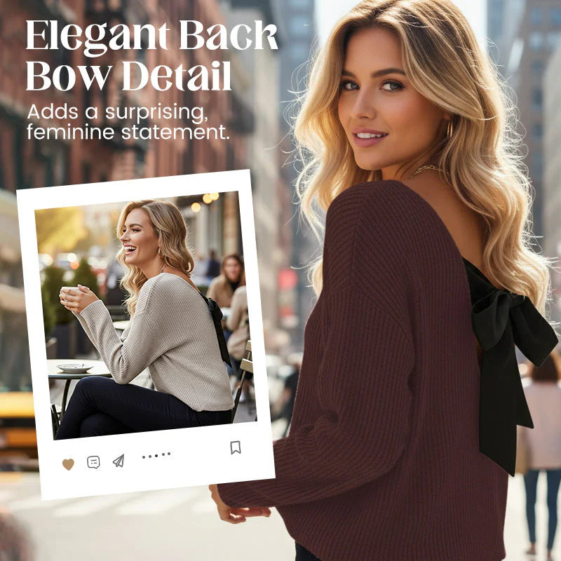 Women's V-neck sweater with elegant back bow