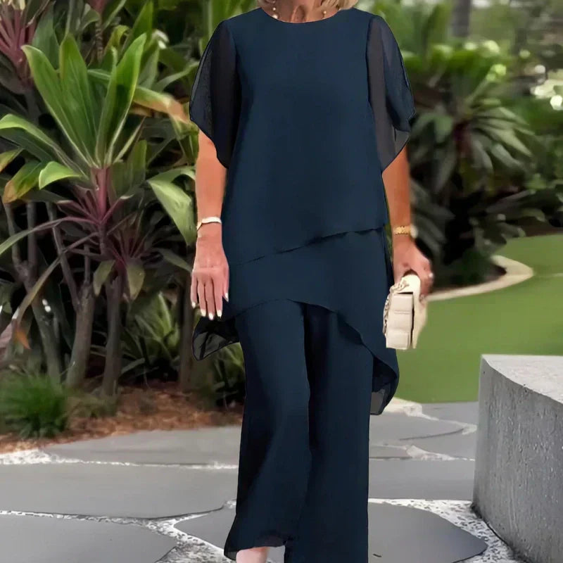 Charming Irregular Top & Wide Leg Pants Set – Asymmetrical Hem, Flowy Double Layer & All-Day Elegance 👗✨