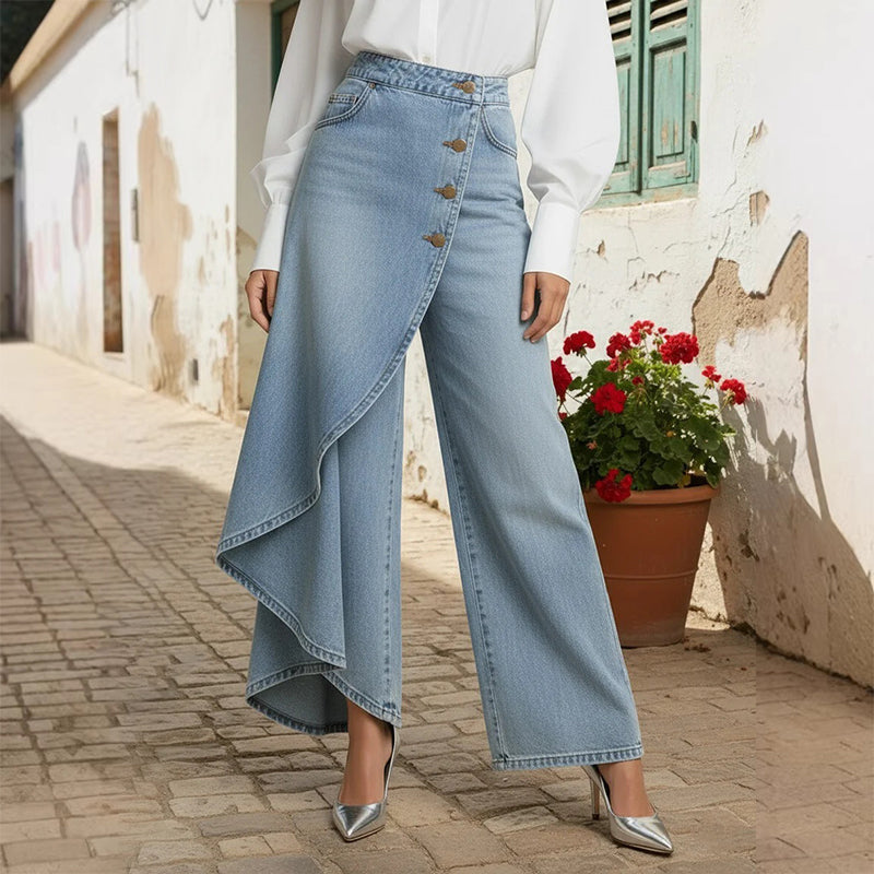 Asymmetrical wrap-style denim skirts and pants