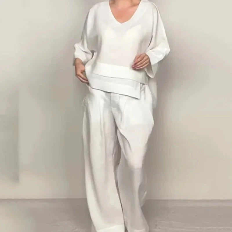 💎 2-Piece Cotton-Linen Set with Irregular Hem – V-Neck Top + Wide-Leg Pants: Breathable & Effortlessly Stylish 🍂👚