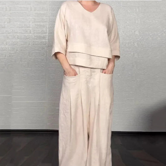 💎 2-Piece Cotton-Linen Set with Irregular Hem – V-Neck Top + Wide-Leg Pants: Breathable & Effortlessly Stylish 🍂👚