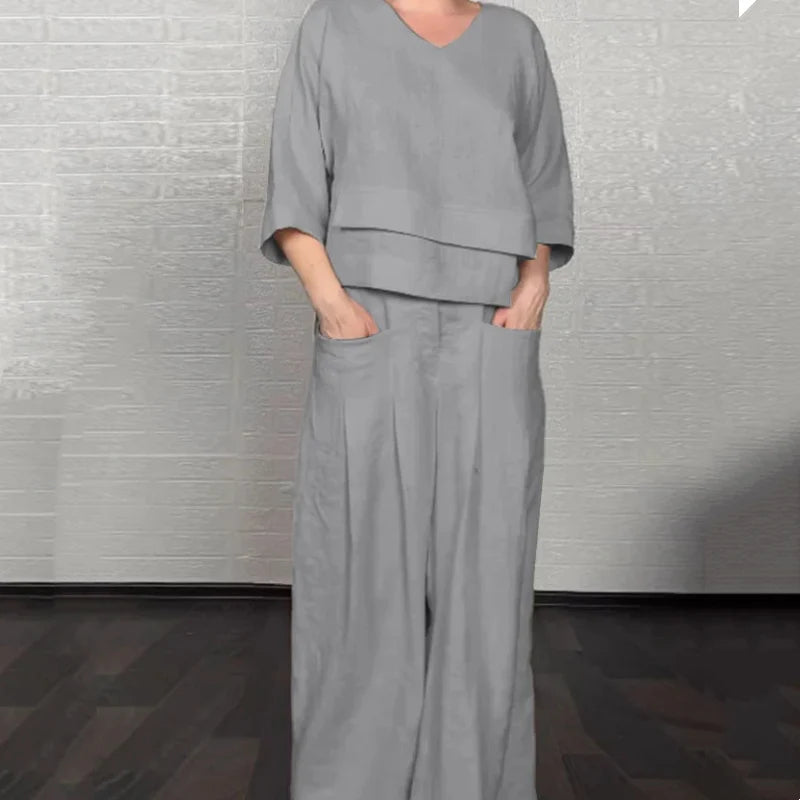 💎 2-Piece Cotton-Linen Set with Irregular Hem – V-Neck Top + Wide-Leg Pants: Breathable & Effortlessly Stylish 🍂👚