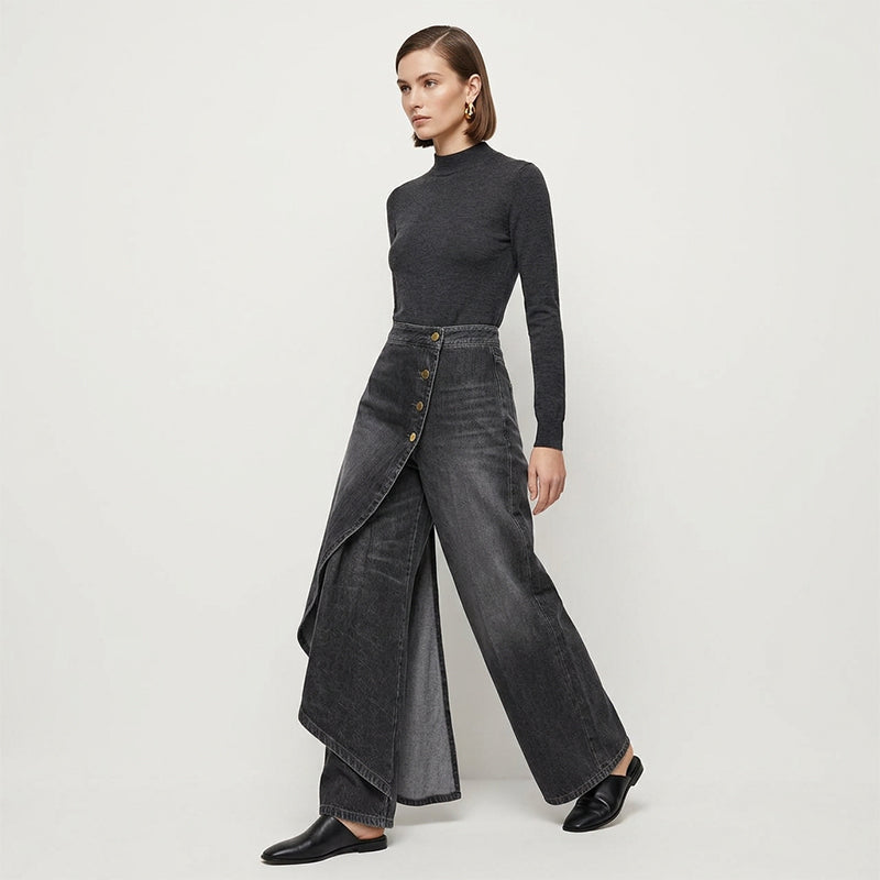 Asymmetrical wrap-style denim skirts and pants