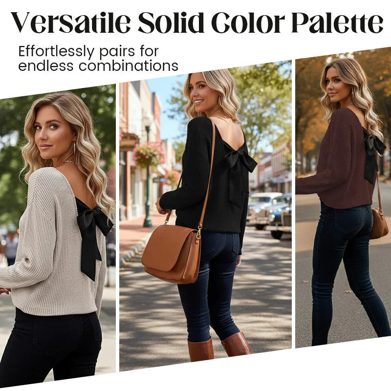 Women's V-neck sweater with elegant back bow