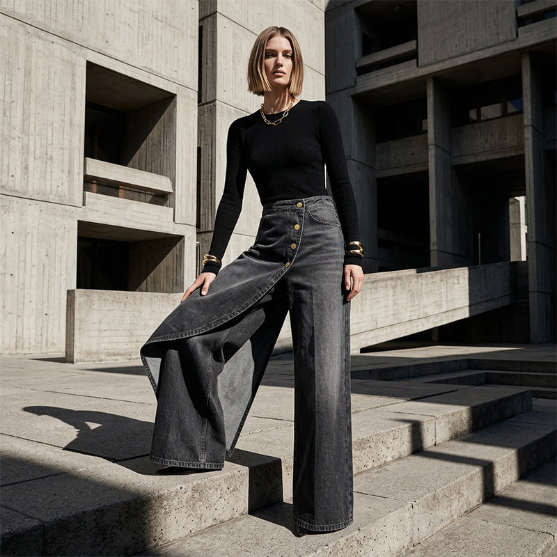 Asymmetrical wrap-style denim skirts and pants