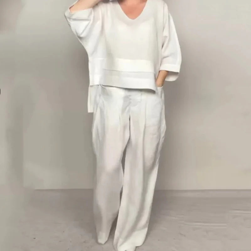 💎 2-Piece Cotton-Linen Set with Irregular Hem – V-Neck Top + Wide-Leg Pants: Breathable & Effortlessly Stylish 🍂👚