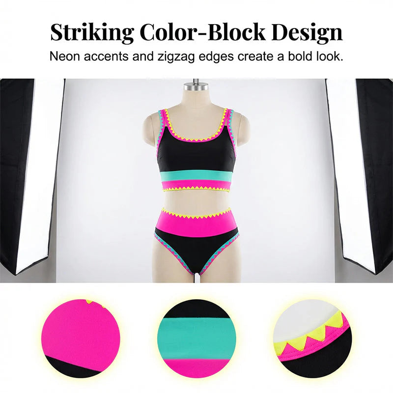 👙🌊 3-piece women's bikini set – High waist, color block & zigzag design for beach & vacation
