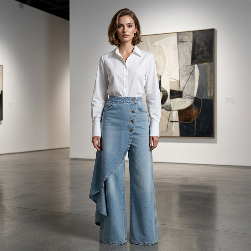 Asymmetrical wrap-style denim skirts and pants