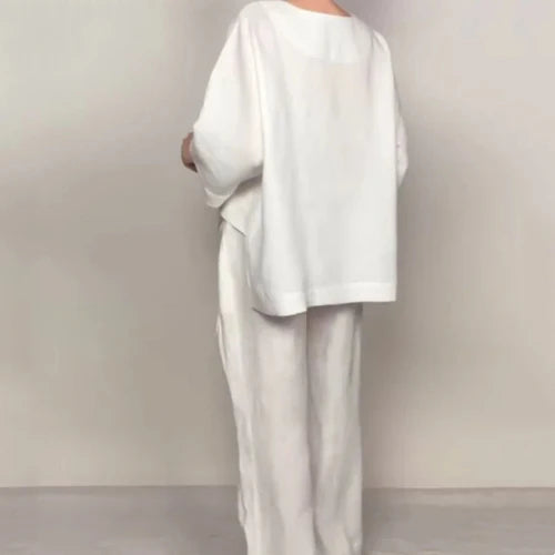 💎 2-Piece Cotton-Linen Set with Irregular Hem – V-Neck Top + Wide-Leg Pants: Breathable & Effortlessly Stylish 🍂👚