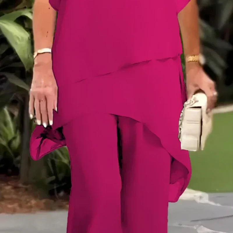 Charming Irregular Top & Wide Leg Pants Set – Asymmetrical Hem, Flowy Double Layer & All-Day Elegance 👗✨