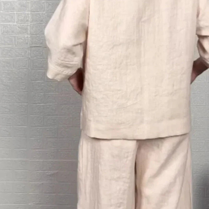 💎 2-Piece Cotton-Linen Set with Irregular Hem – V-Neck Top + Wide-Leg Pants: Breathable & Effortlessly Stylish 🍂👚